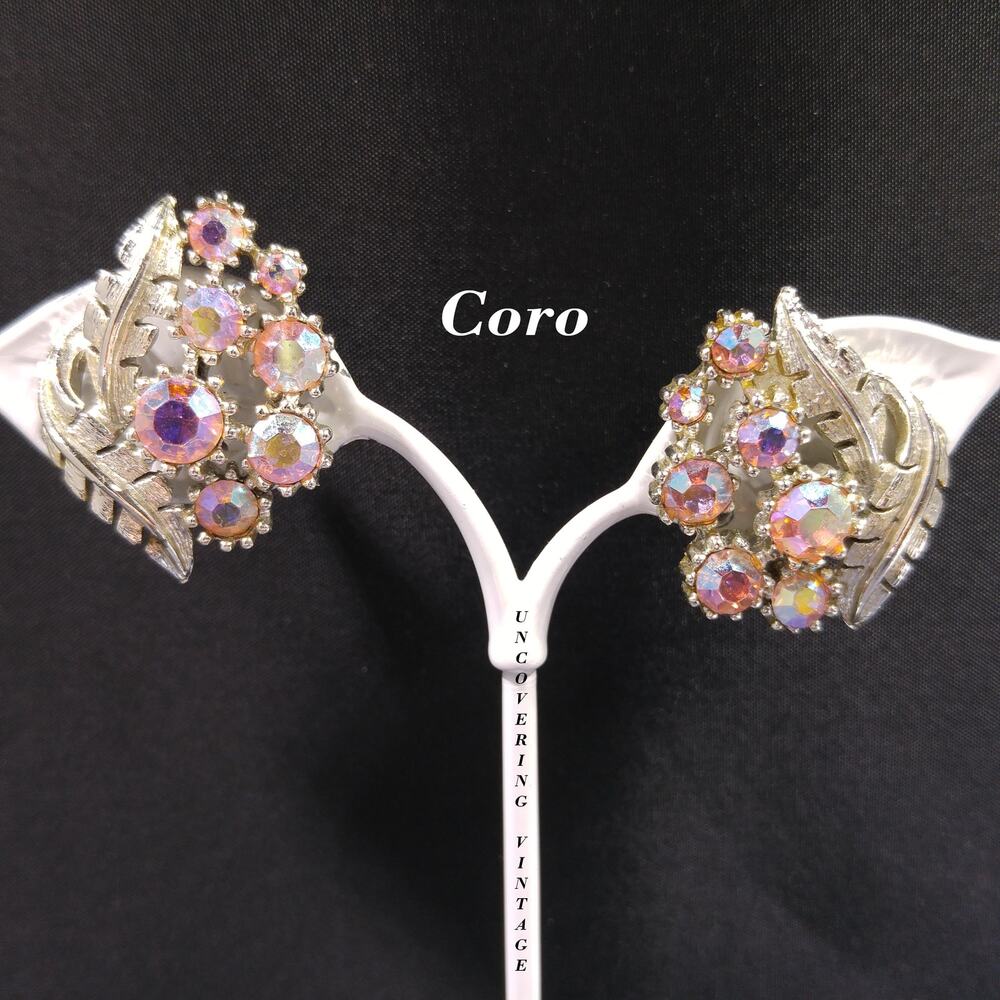 Vintage Coro AB Rhinestone Clip Earrings Pink Gold Tone Mid Century